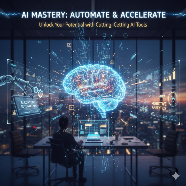 Digital AI Mastery concept showing a glowing neural brain interface with holograms for AI content automation and predictive analytics in a modern high-rise office at night.