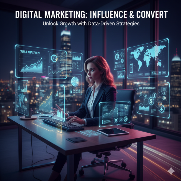 Professional woman working on digital marketing strategy with holographic displays showing SEO analytics, global data maps, and social media campaign growth in a modern office.